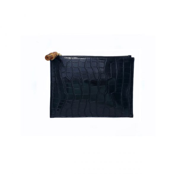 black pochette eco leather bamboo handle crocodile print